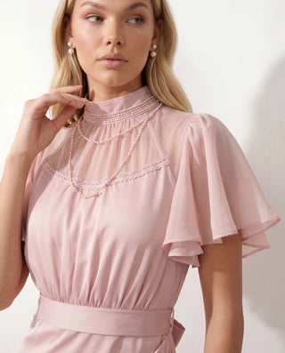 Zoe Wedding Guest Glossy Maxi Dress in Pink — detail close-up