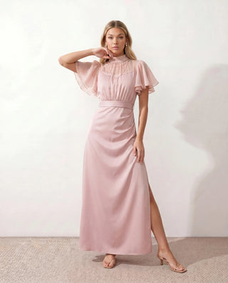 Zoe Wedding Guest Glossy Maxi Dress in Pink — front view