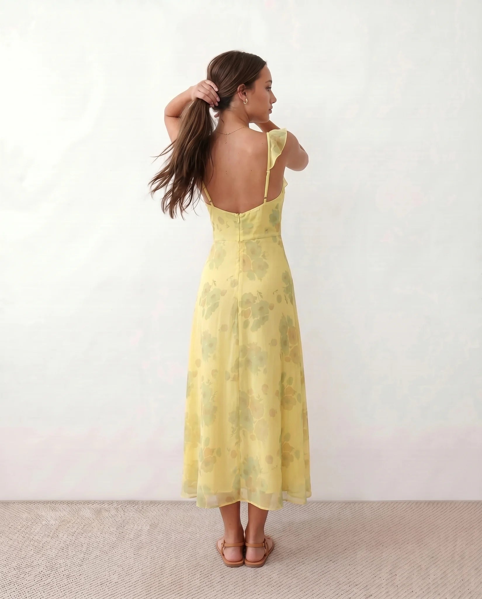 Thea Wedding Guest Floral Midi Dress in Yellow — back view