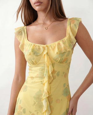 Thea Wedding Guest Floral Midi Dress in Yellow — detail close-up