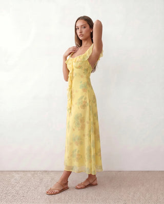 Thea Wedding Guest Floral Midi Dress in Yellow — side view