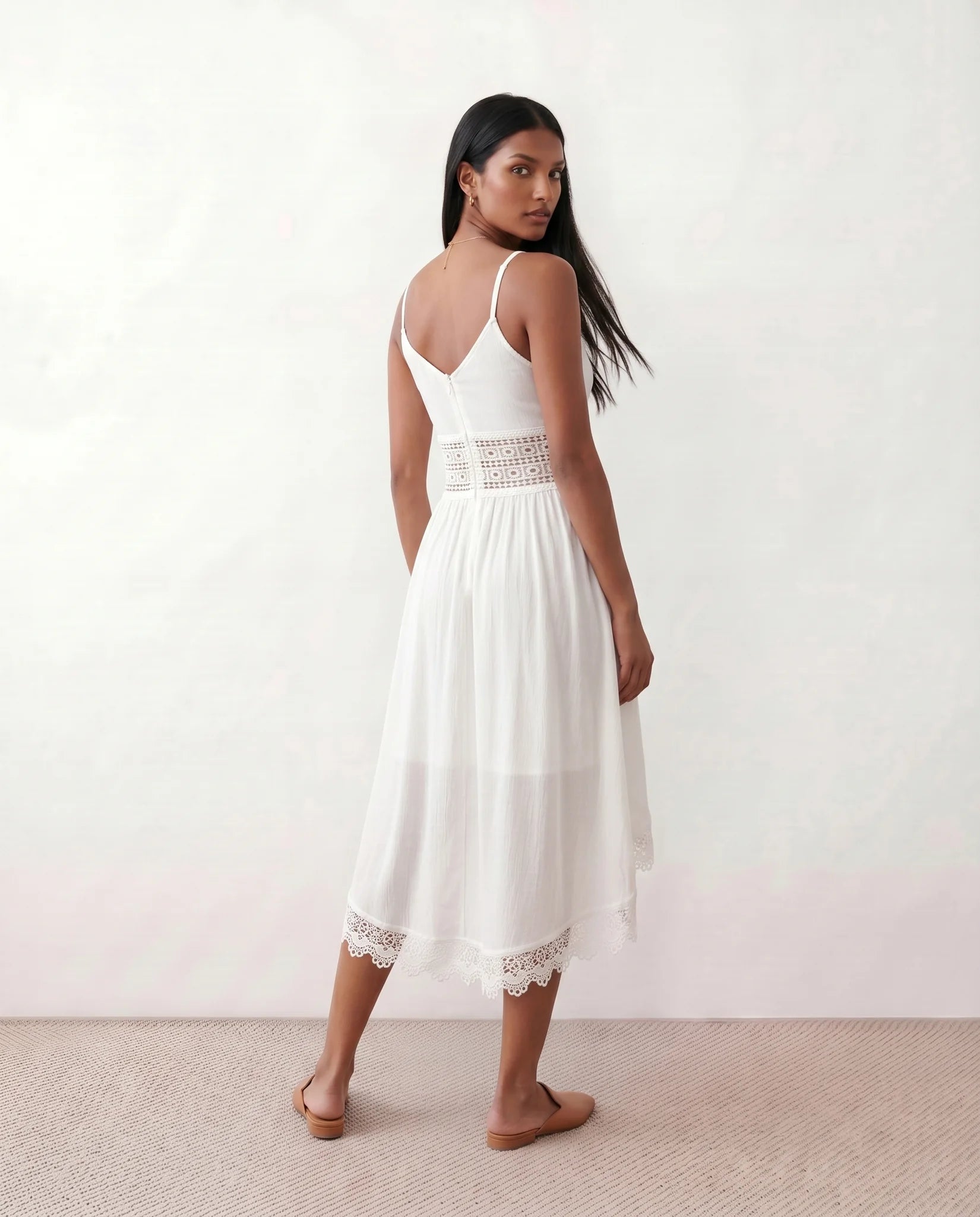 Brielle Openwork Spaghetti Strap Midi Dress in White — back view