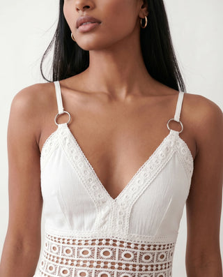 Brielle Openwork Spaghetti Strap Midi Dress in White — detail close-up