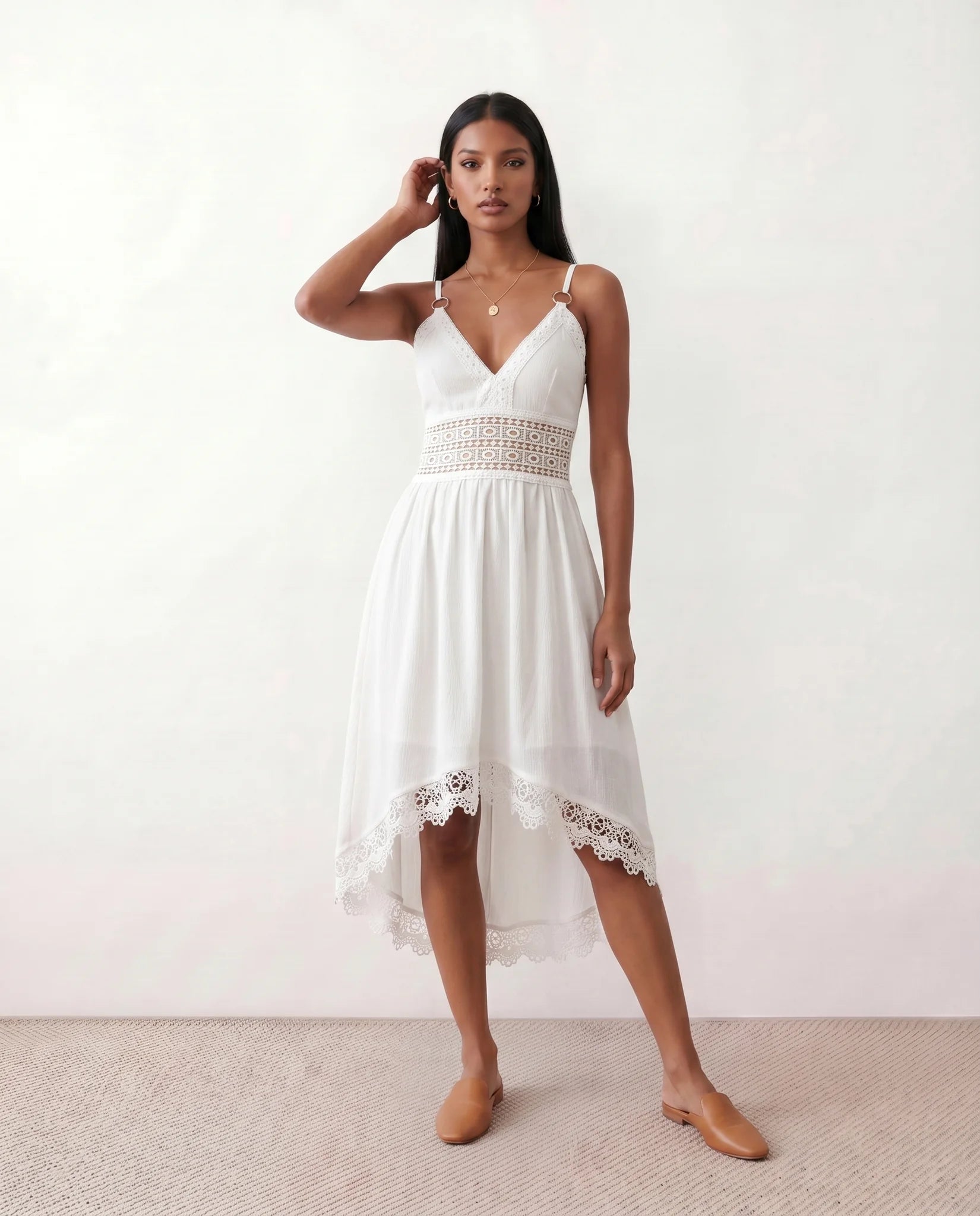 Brielle Openwork Spaghetti Strap Midi Dress in White — front view