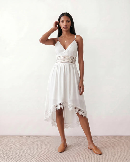 Brielle Openwork Spaghetti Strap Midi Dress in White — front view