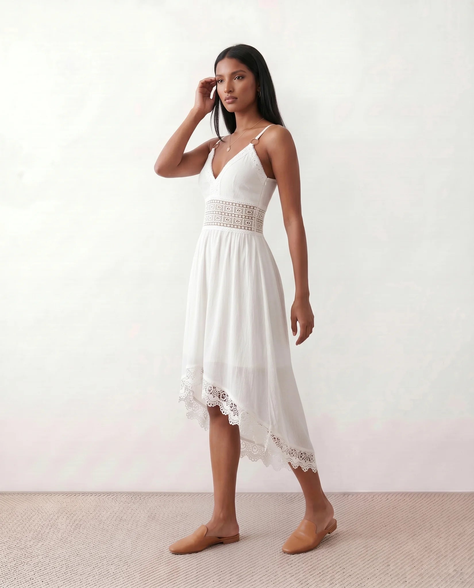 Brielle Openwork Spaghetti Strap Midi Dress in White — side view