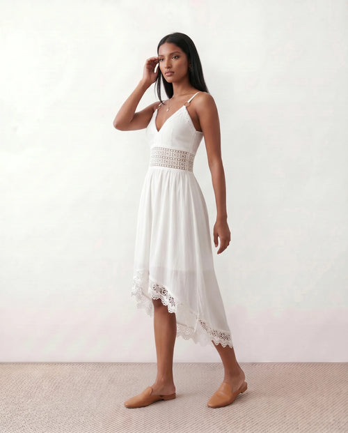 Brielle Openwork Spaghetti Strap Midi Dress in White — side view