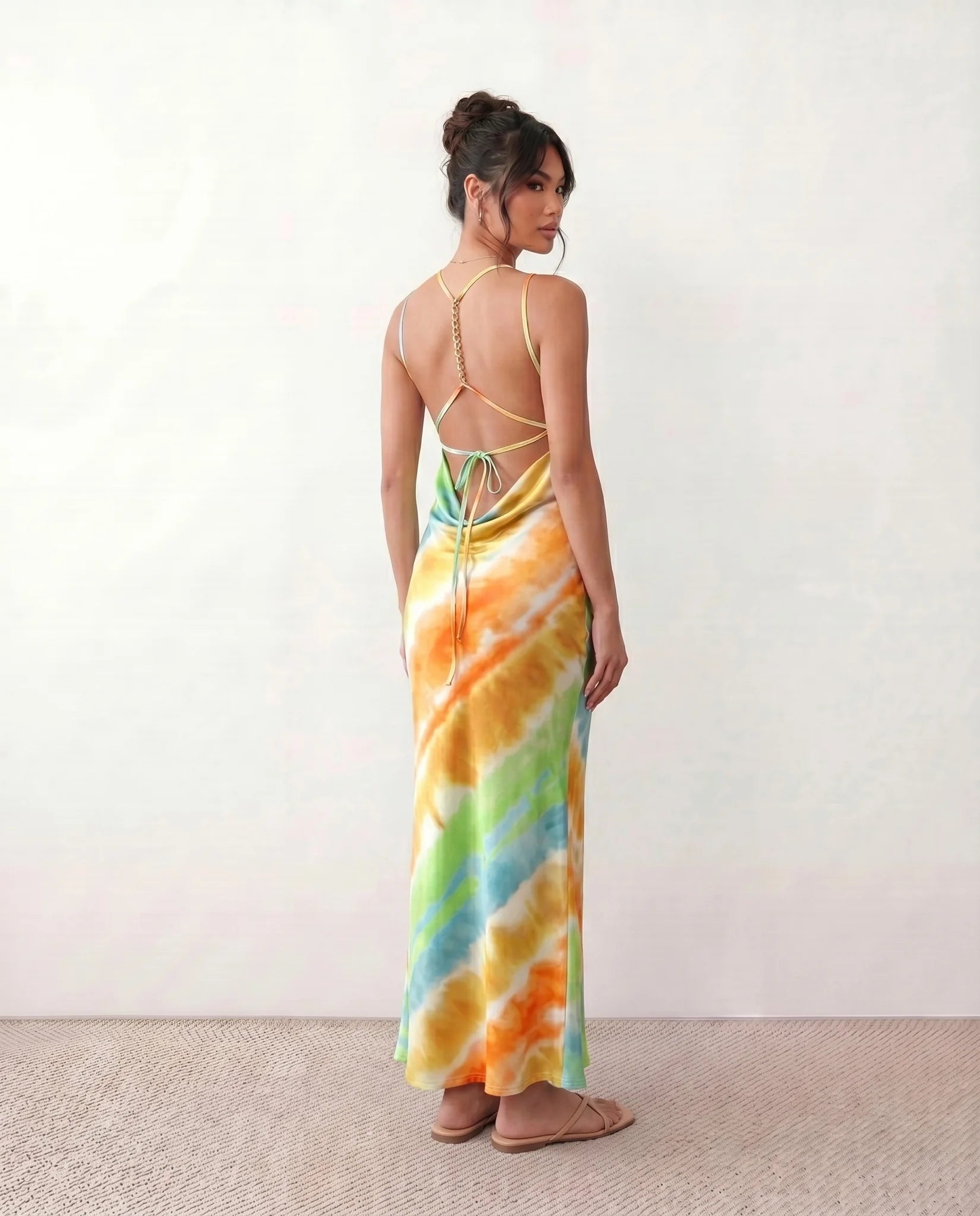 Livia Silk Glossy Maxi Dress in Tie dye Orange — back view
