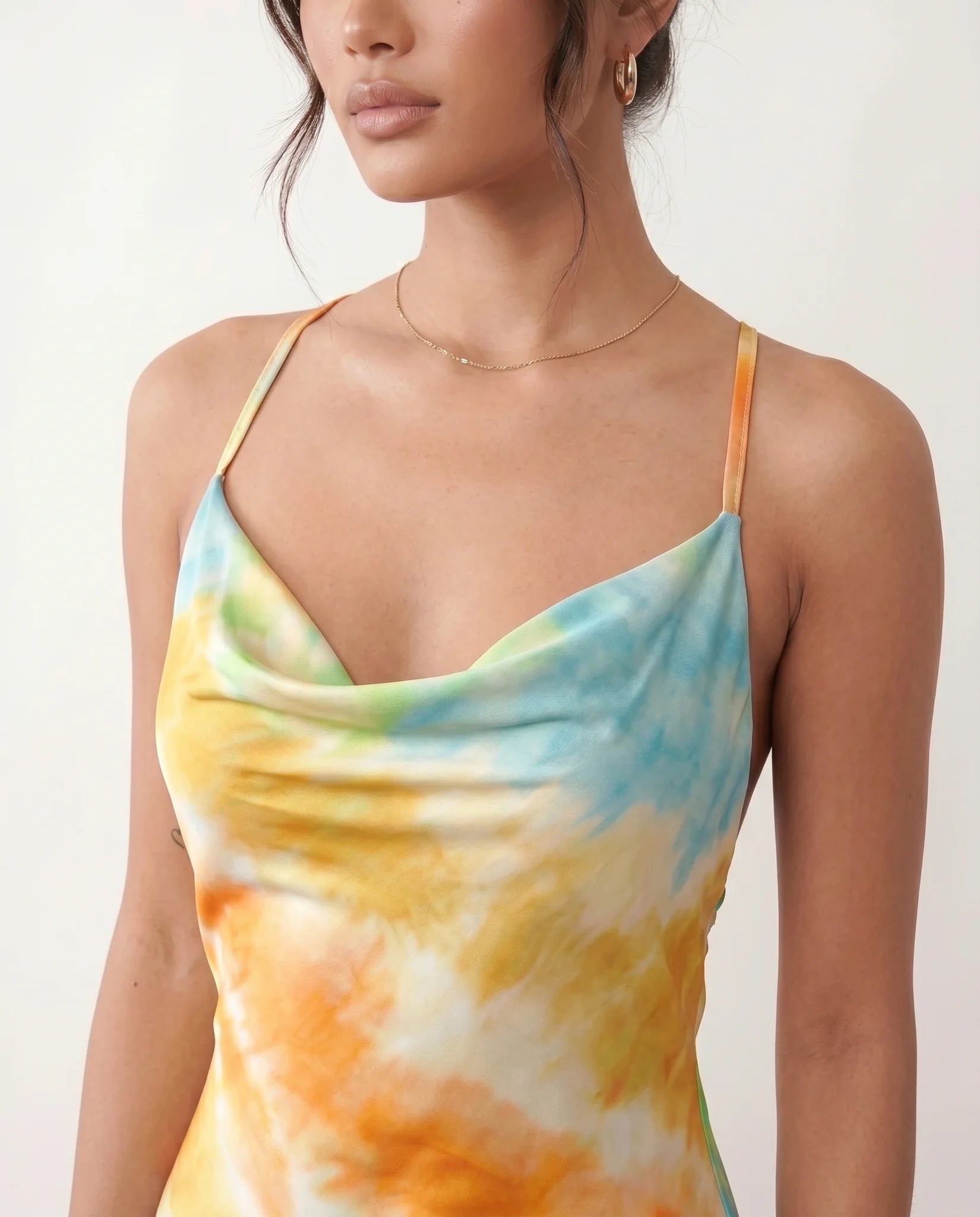 Livia Silk Glossy Maxi Dress in Tie dye Orange — detail close-up
