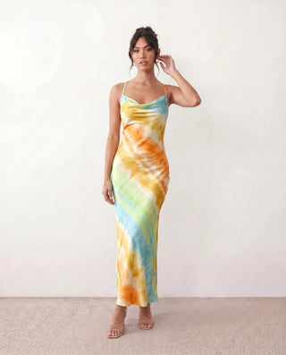 Livia Silk Glossy Maxi Dress in Tie dye Orange — front view