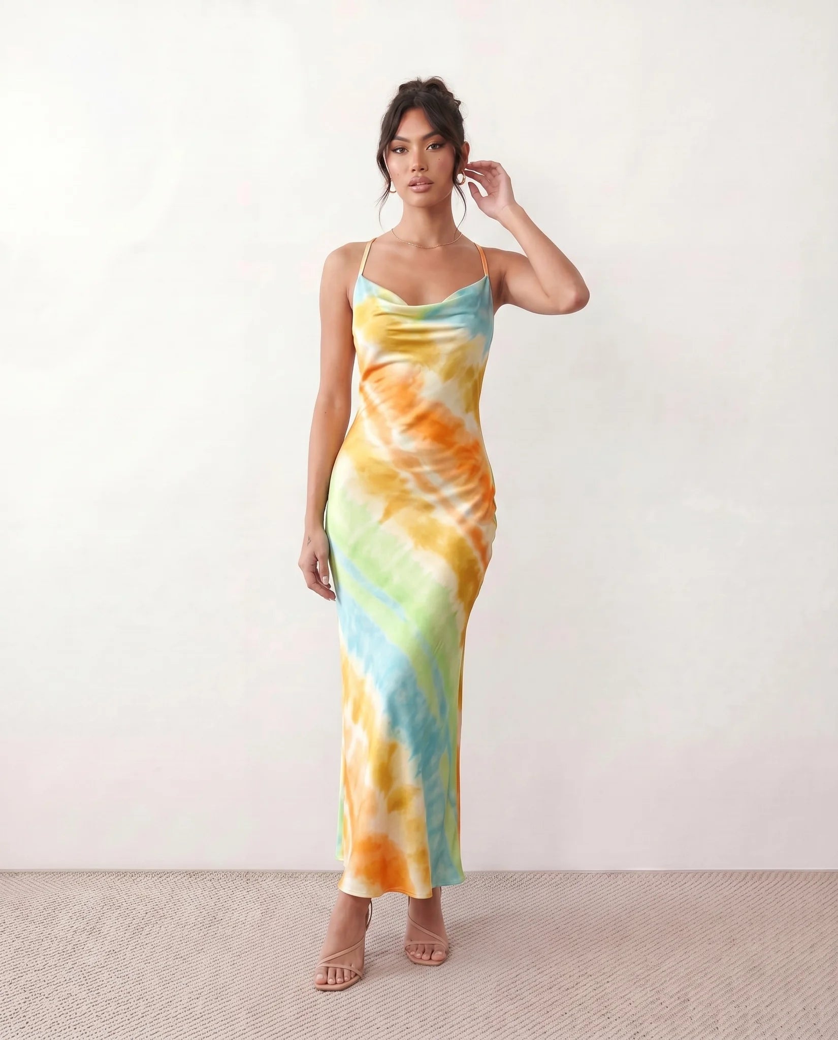 Livia Silk Glossy Maxi Dress in Tie dye Orange — front view