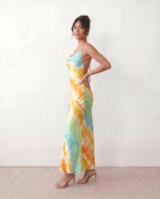 Livia Silk Glossy Maxi Dress in Tie dye Orange — side view