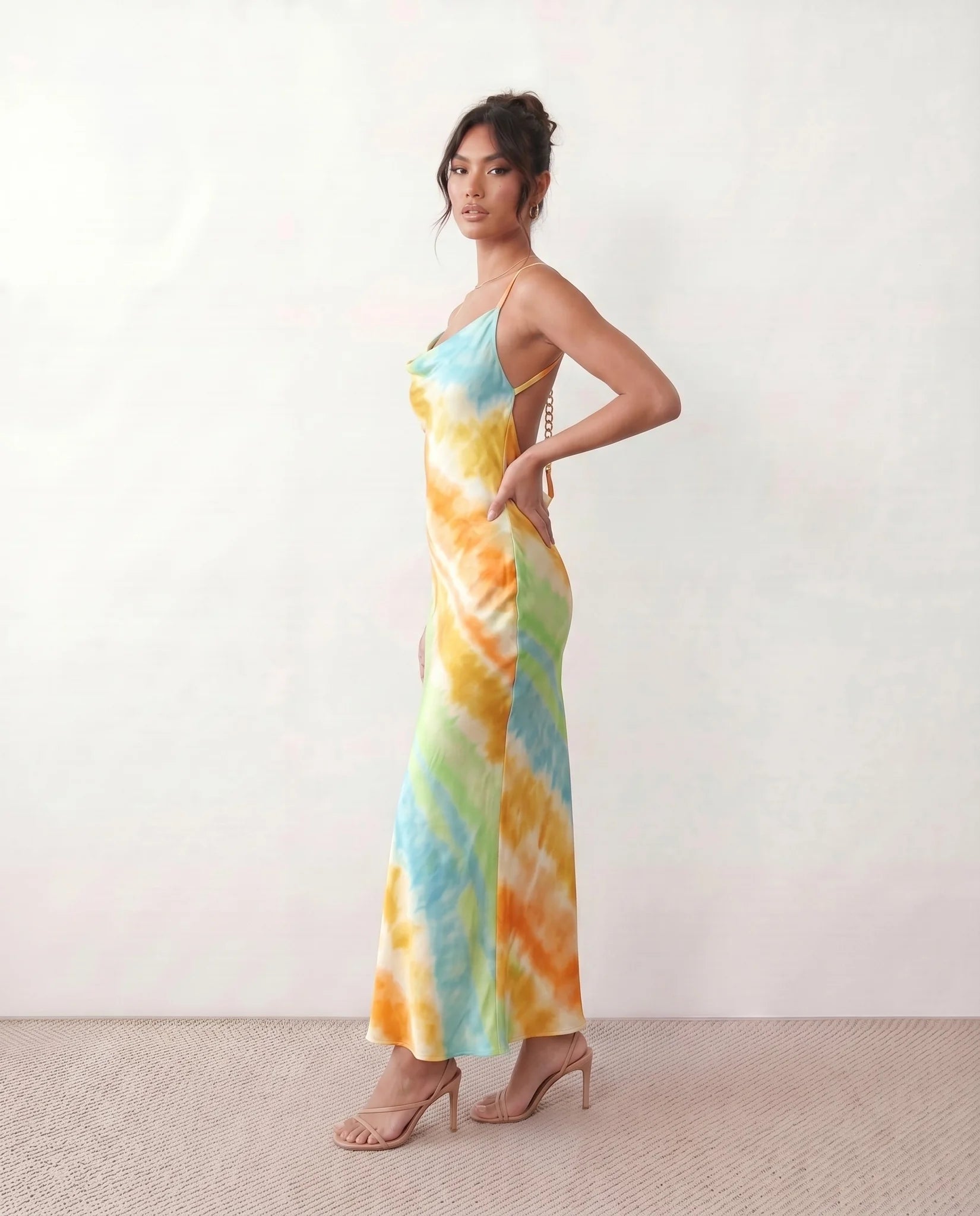 Livia Silk Glossy Maxi Dress in Tie dye Orange — side view