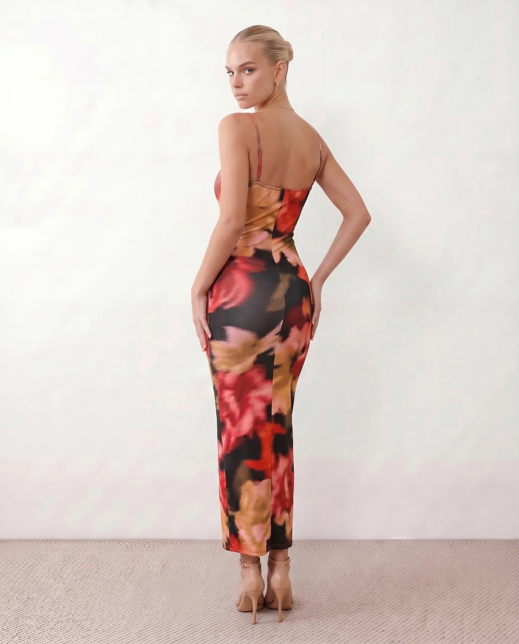 Bria Party Floral Maxi Dress in Red — back view