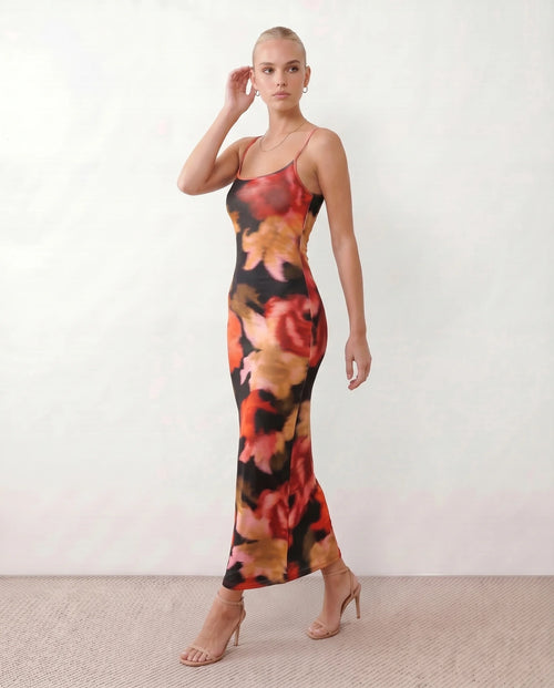 Bria Party Floral Maxi Dress in Red — side view