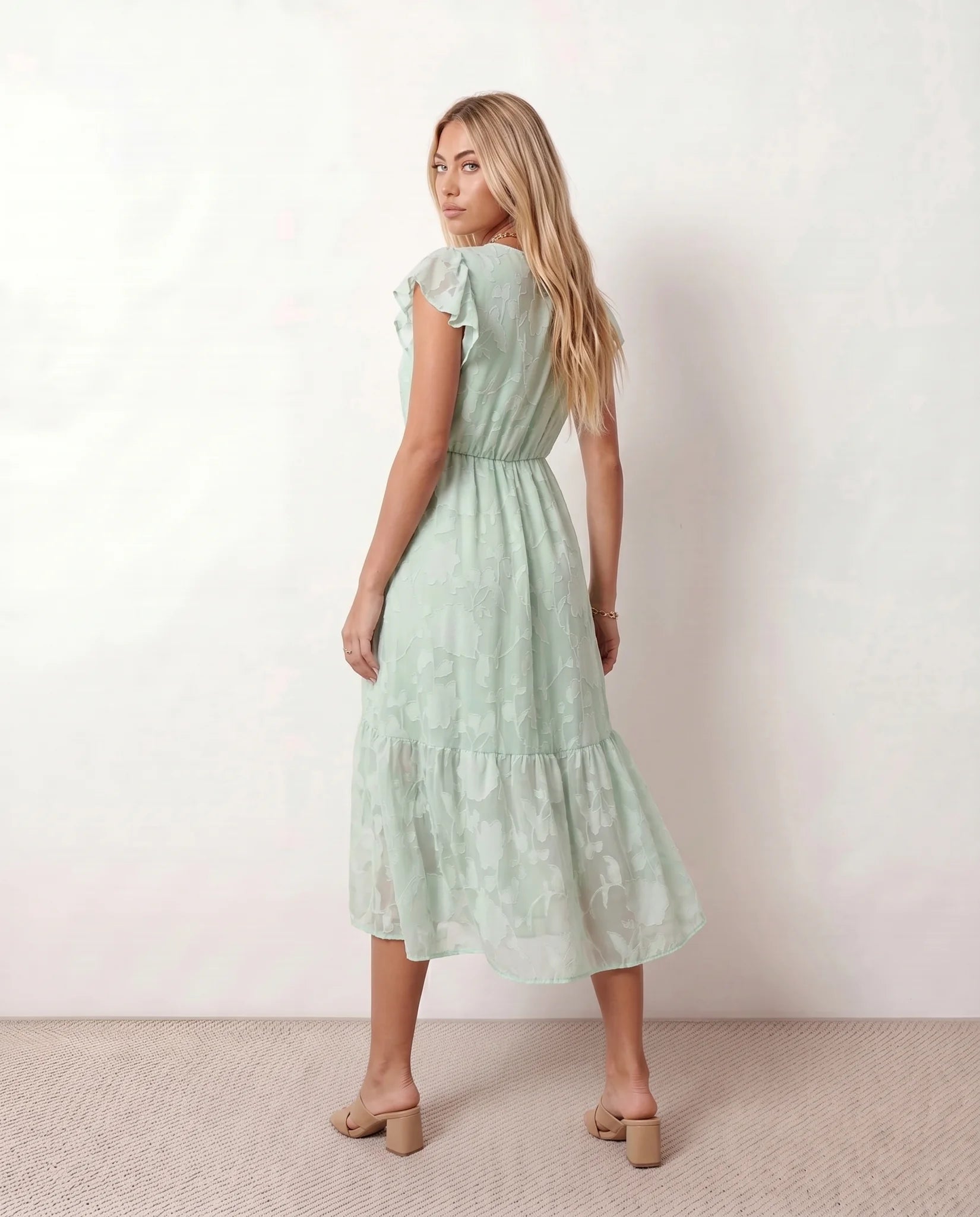 Leona Wedding Guest Floral Midi Dress in Green — back view