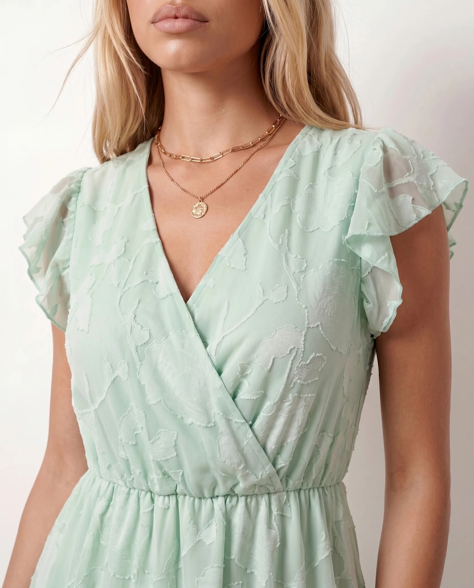 Leona Wedding Guest Floral Midi Dress in Green — detail close-up