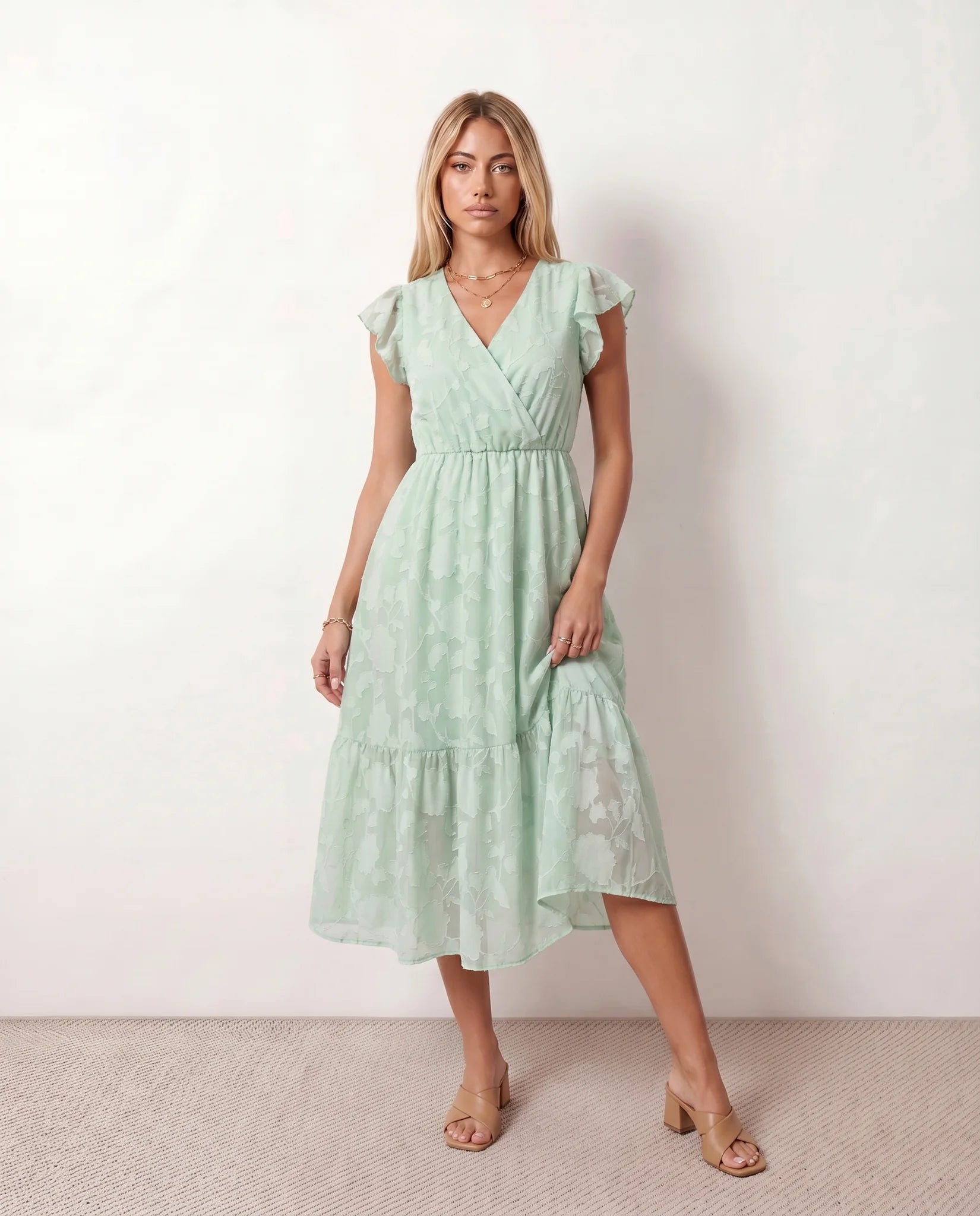 Leona Wedding Guest Floral Midi Dress in Green — front view