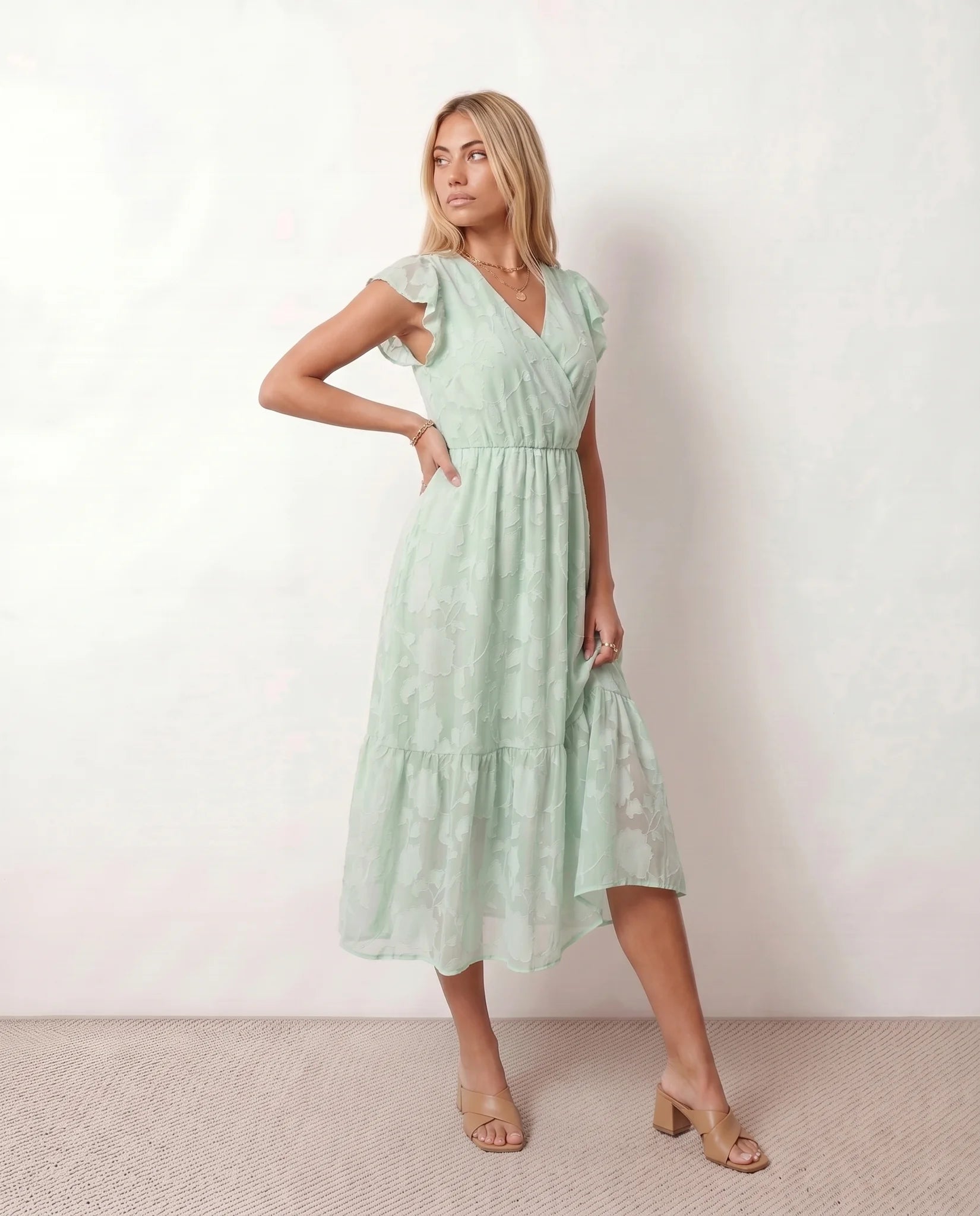 Leona Wedding Guest Floral Midi Dress in Green — side view