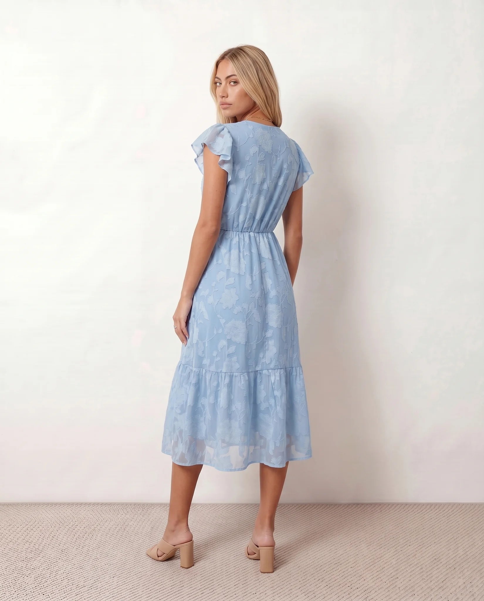 Leona Wedding Guest Floral Midi Dress in Light Blue — back view