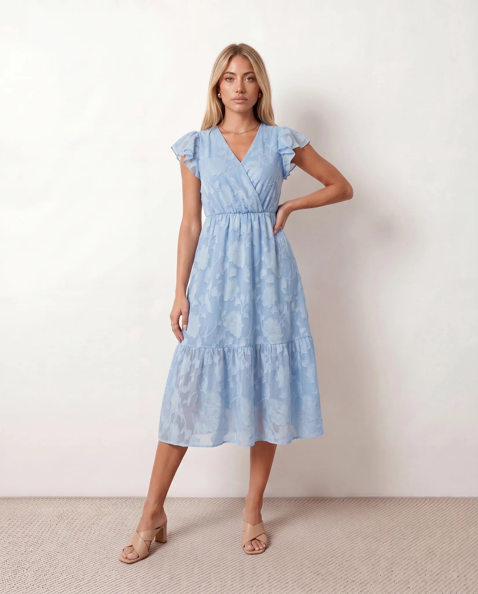 Leona Wedding Guest Floral Midi Dress in Light Blue — front view