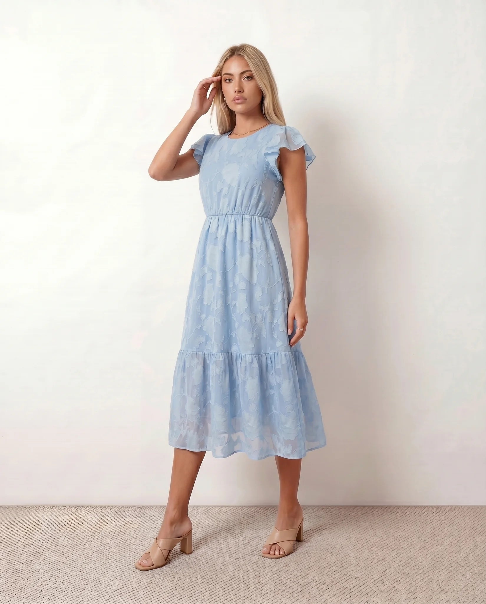Leona Wedding Guest Floral Midi Dress in Light Blue — side view
