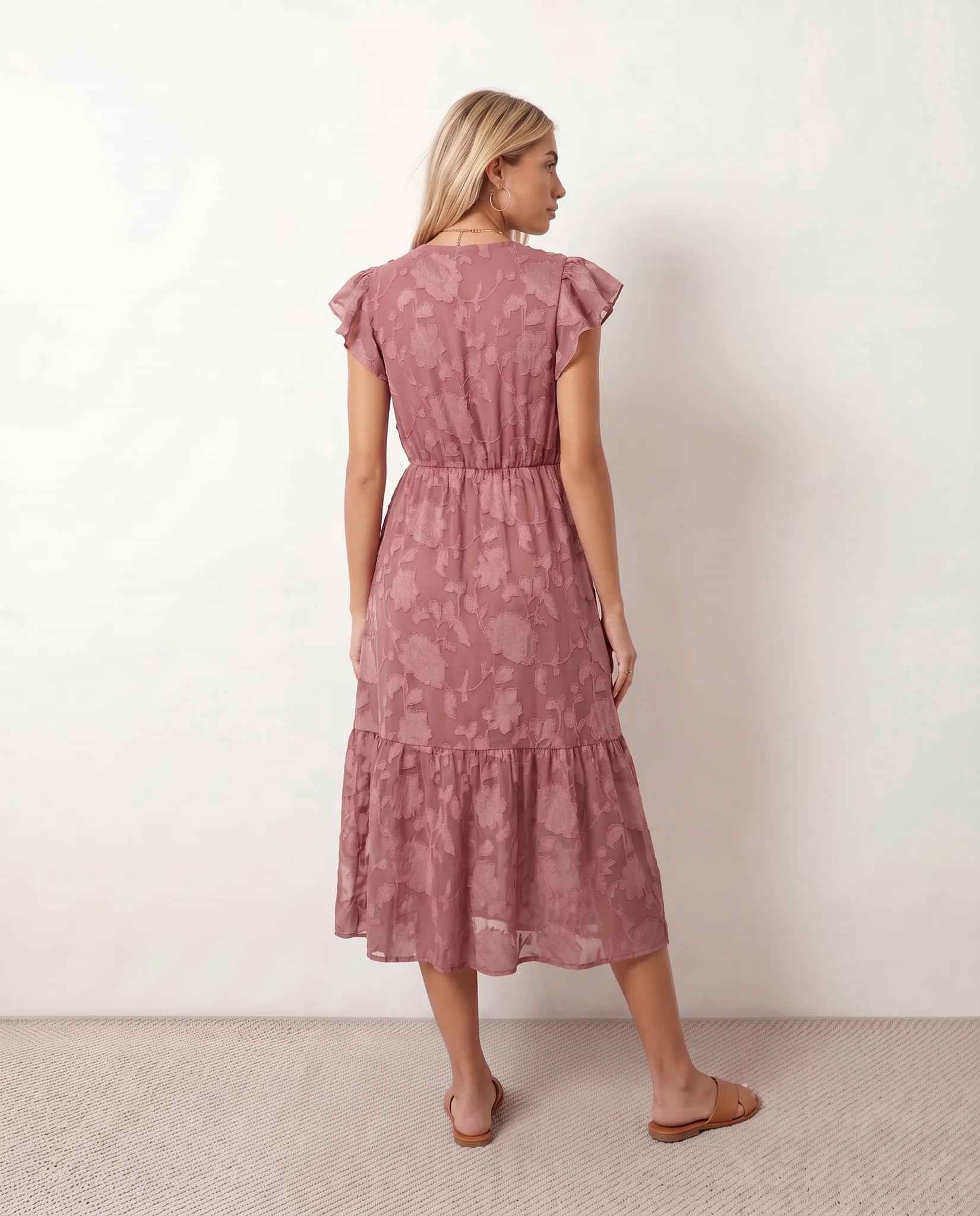 Leona Wedding Guest Floral Midi Dress in Pink — back view