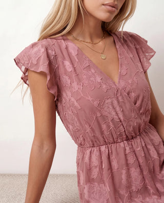 Leona Wedding Guest Floral Midi Dress in Pink — detail close-up
