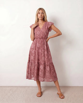 Leona Wedding Guest Floral Midi Dress in Pink — front view