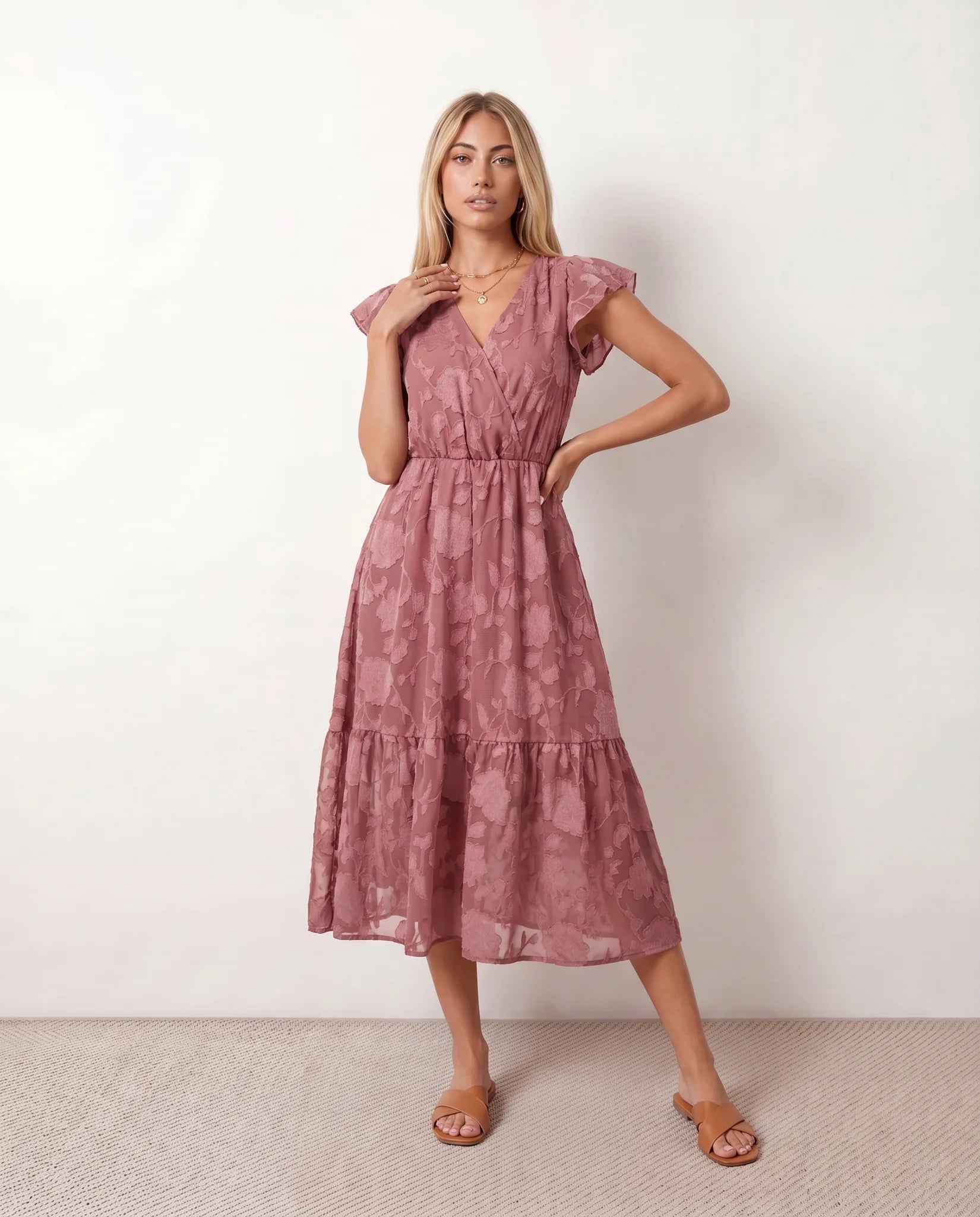 Leona Wedding Guest Floral Midi Dress in Pink — front view