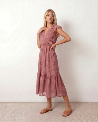 Leona Wedding Guest Floral Midi Dress in Pink — side view