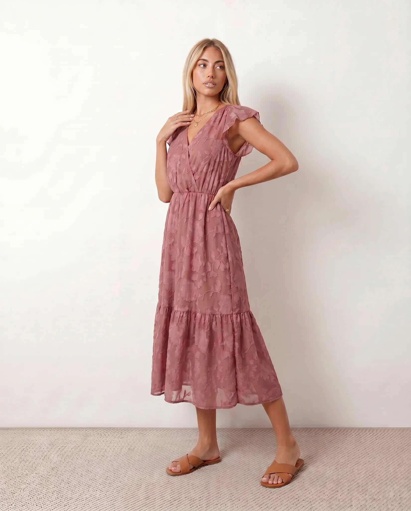Leona Wedding Guest Floral Midi Dress in Pink — side view