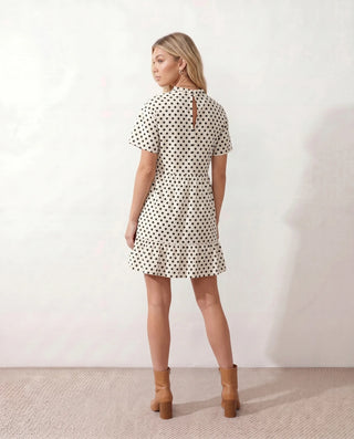 Romy Polka Dot Ruffle Detail Mini Dress in Dots White — back view
