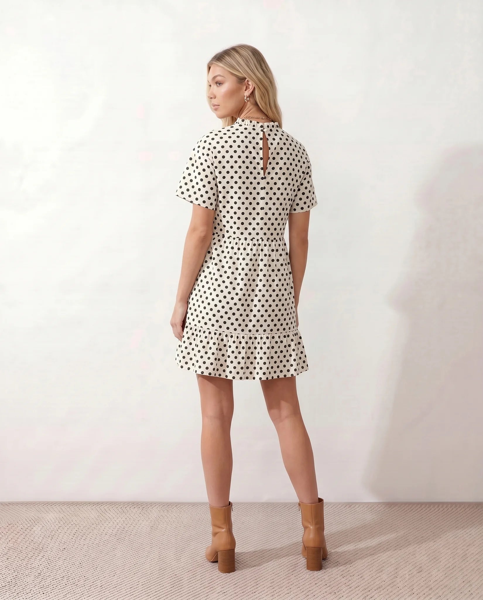 Romy Polka Dot Ruffle Detail Mini Dress in Dots White — back view