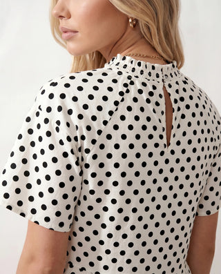 Romy Polka Dot Ruffle Detail Mini Dress in Dots White — detail close-up