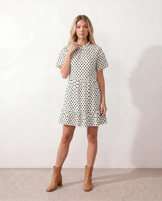 Romy Polka Dot Ruffle Detail Mini Dress in Dots White — front view