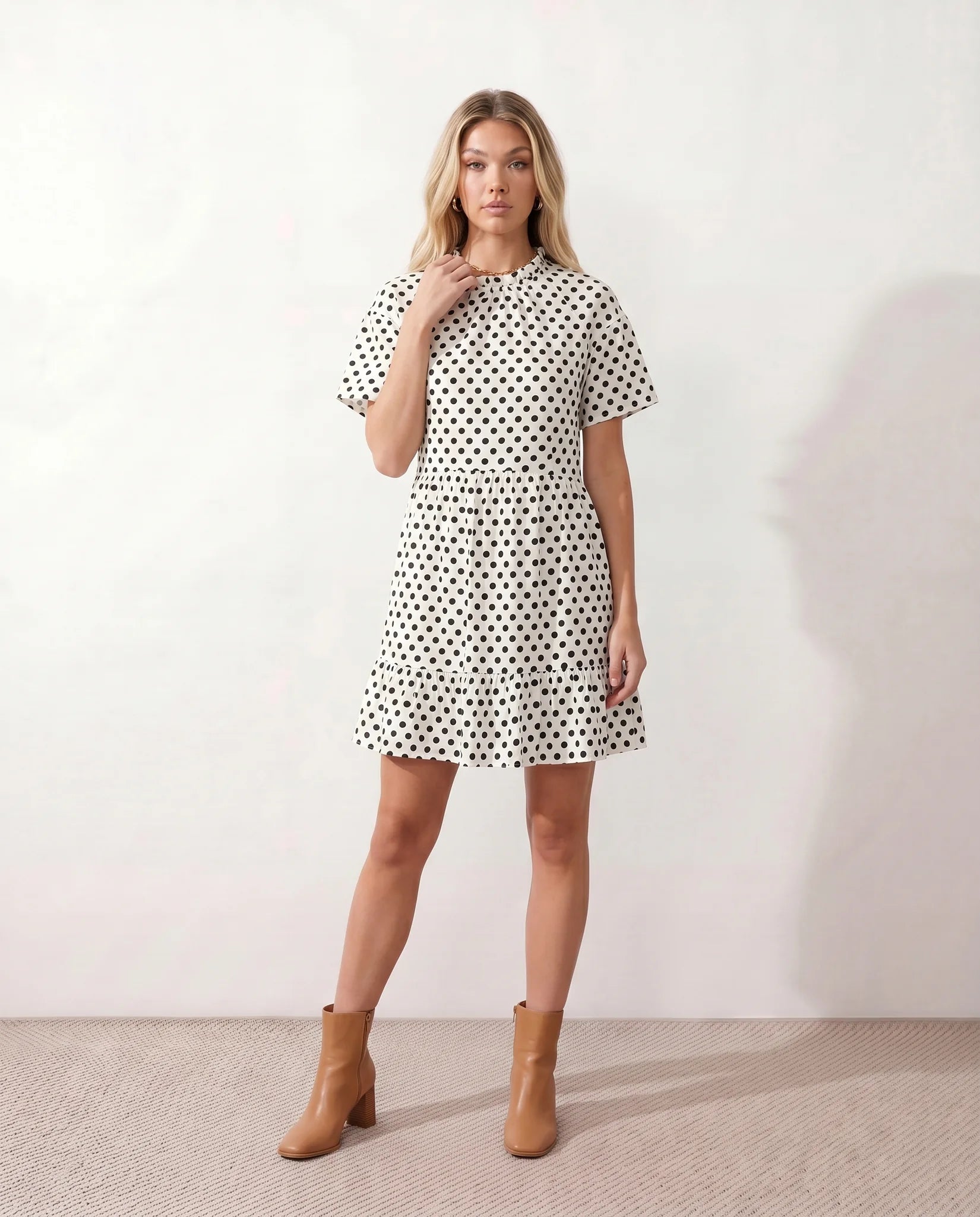 Romy Polka Dot Ruffle Detail Mini Dress in Dots White — front view