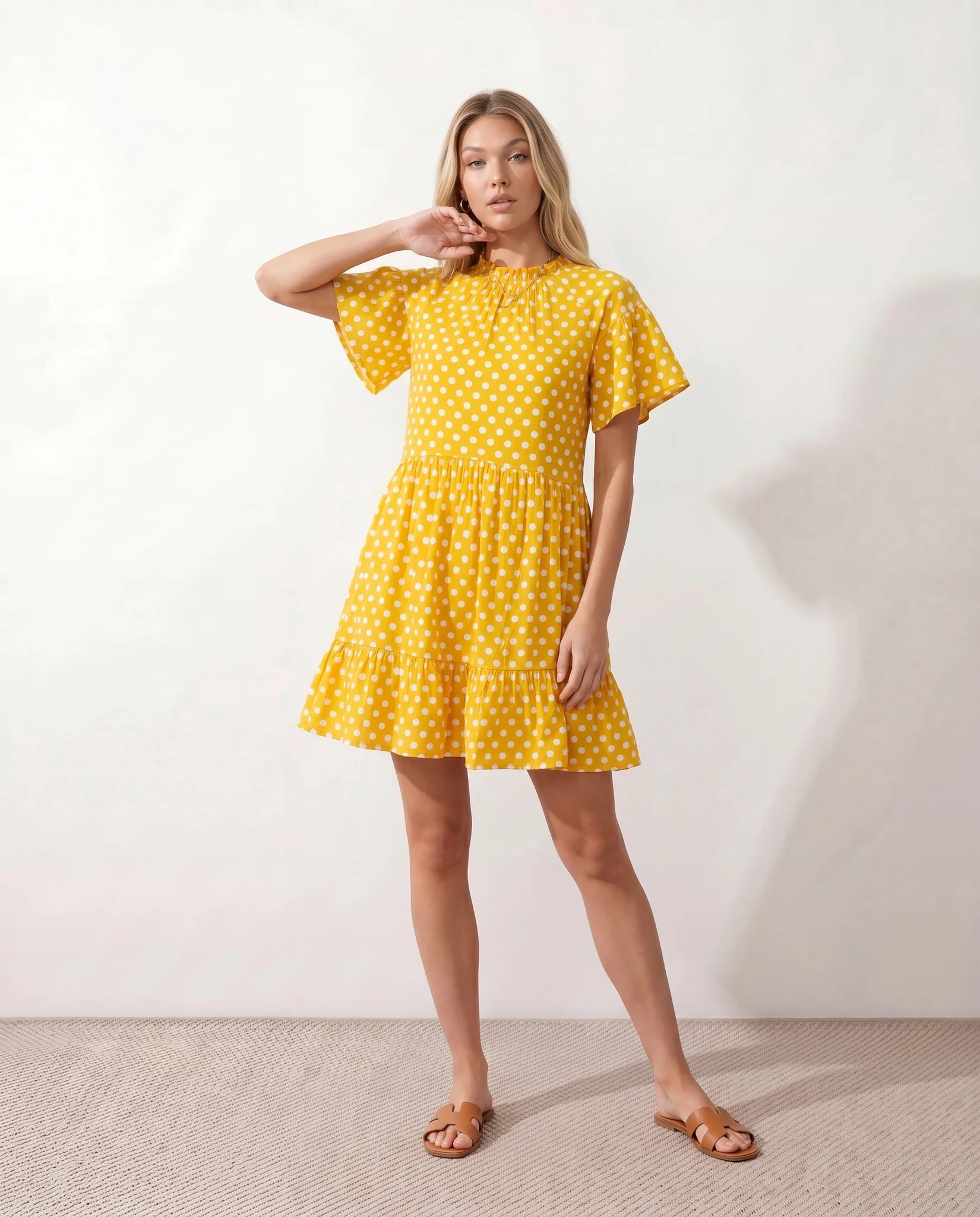 Romy Polka Dot Ruffle Detail Mini Dress in Dots Yellow — front view