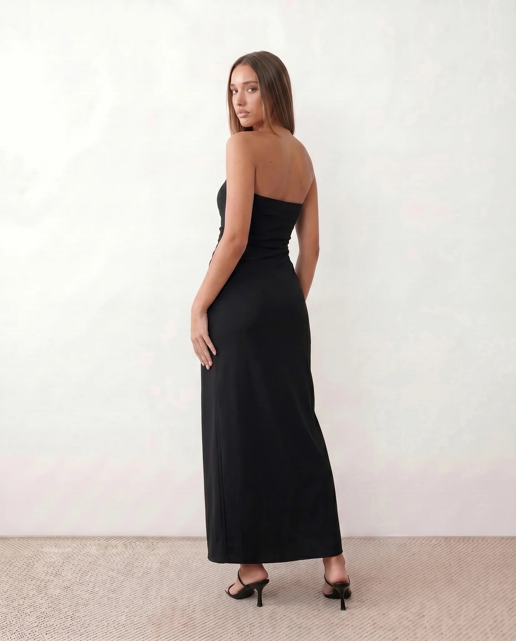 Lucia Cocktail Strapless Maxi Dress in Black — back view