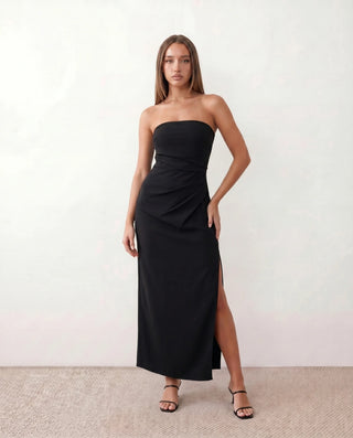 Lucia Cocktail Strapless Maxi Dress in Black — front view