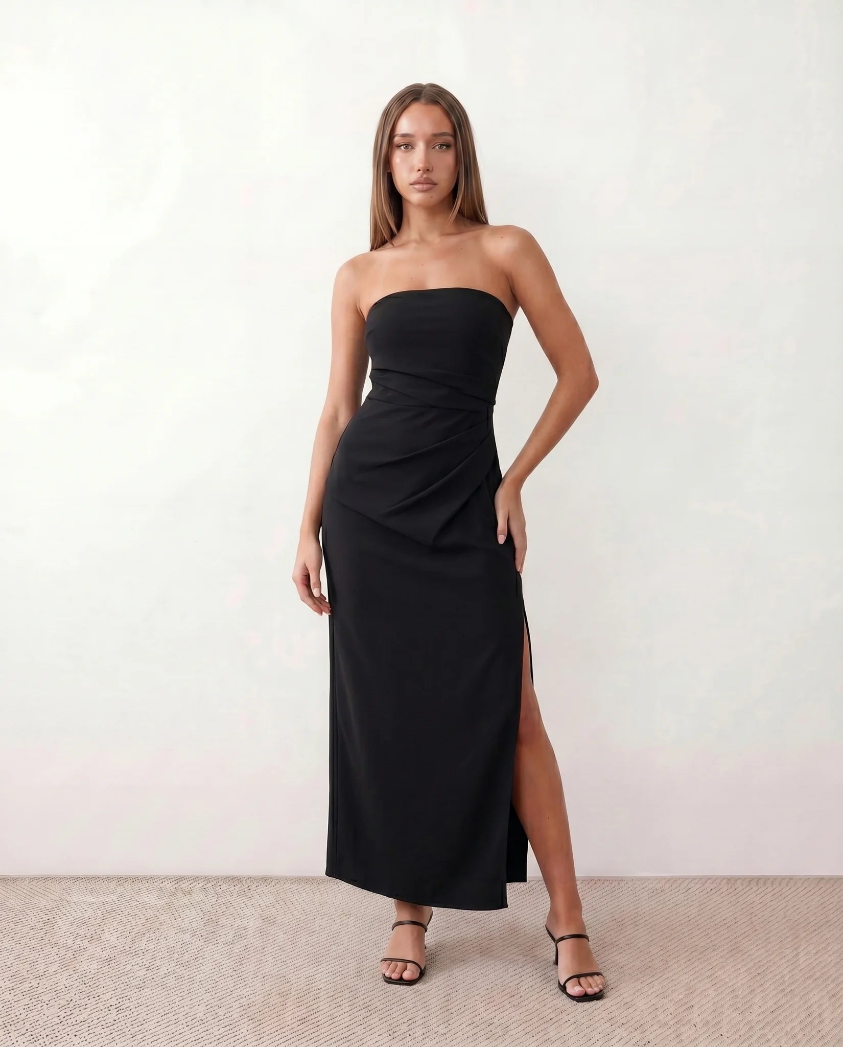 Lucia Cocktail Strapless Maxi Dress in Black — front view