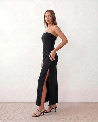Lucia Cocktail Strapless Maxi Dress in Black — side view
