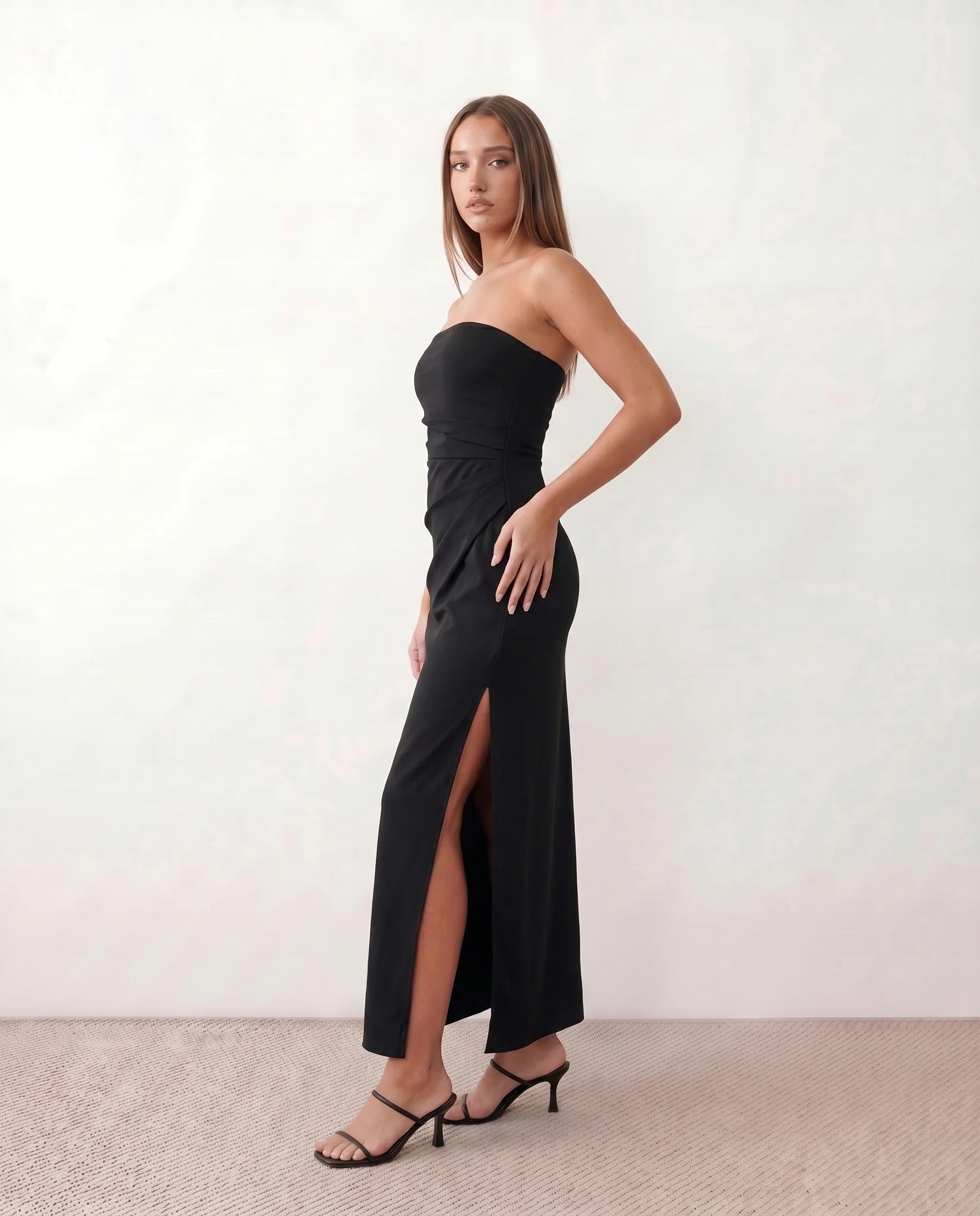 Lucia Cocktail Strapless Maxi Dress in Black — side view
