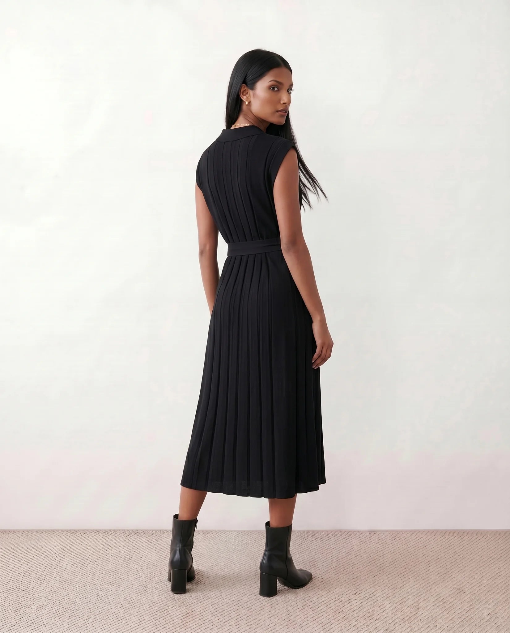 Etta Cocktail Pleated Midi Dress in Black — back view