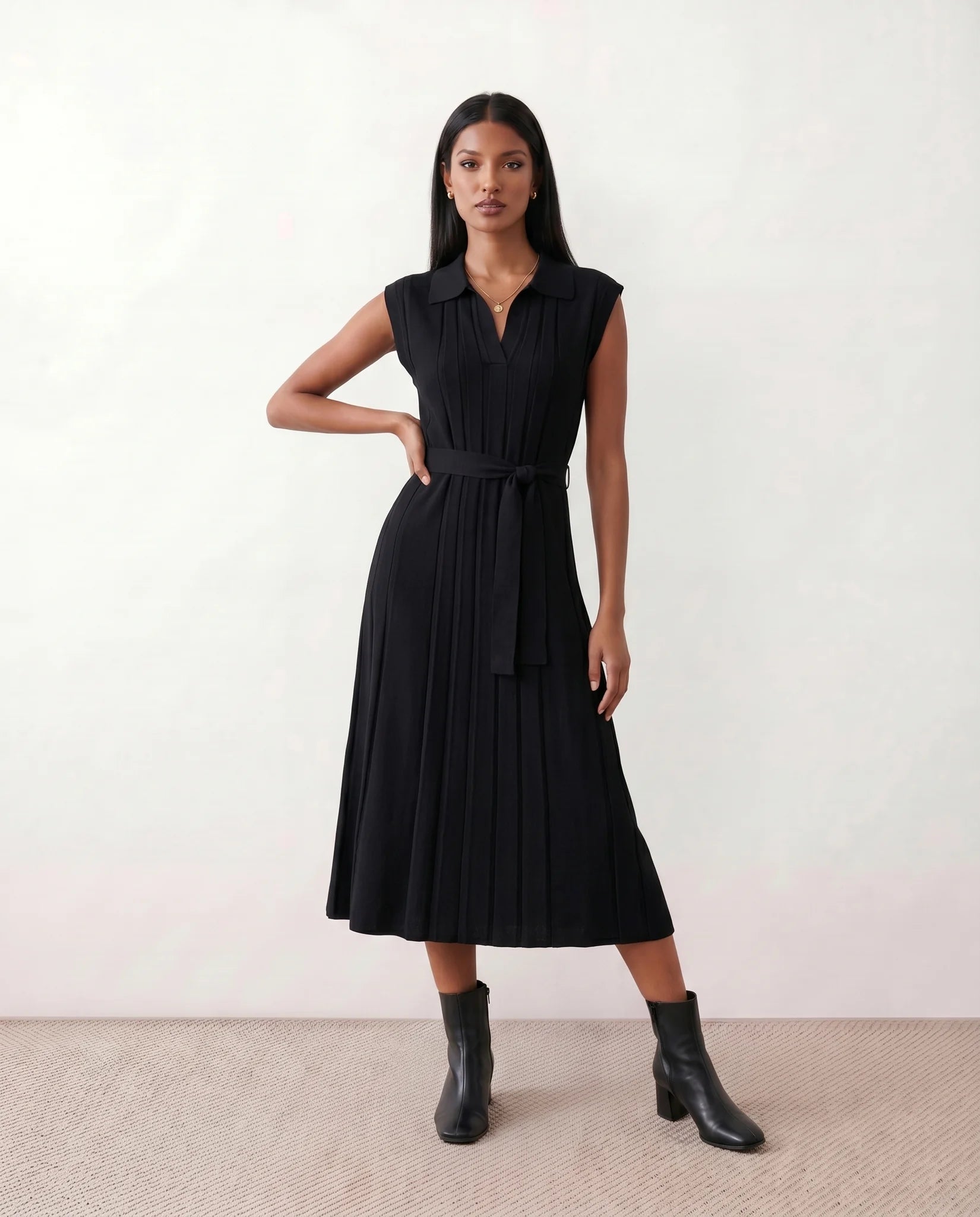 Etta Cocktail Pleated Midi Dress in Black — front view
