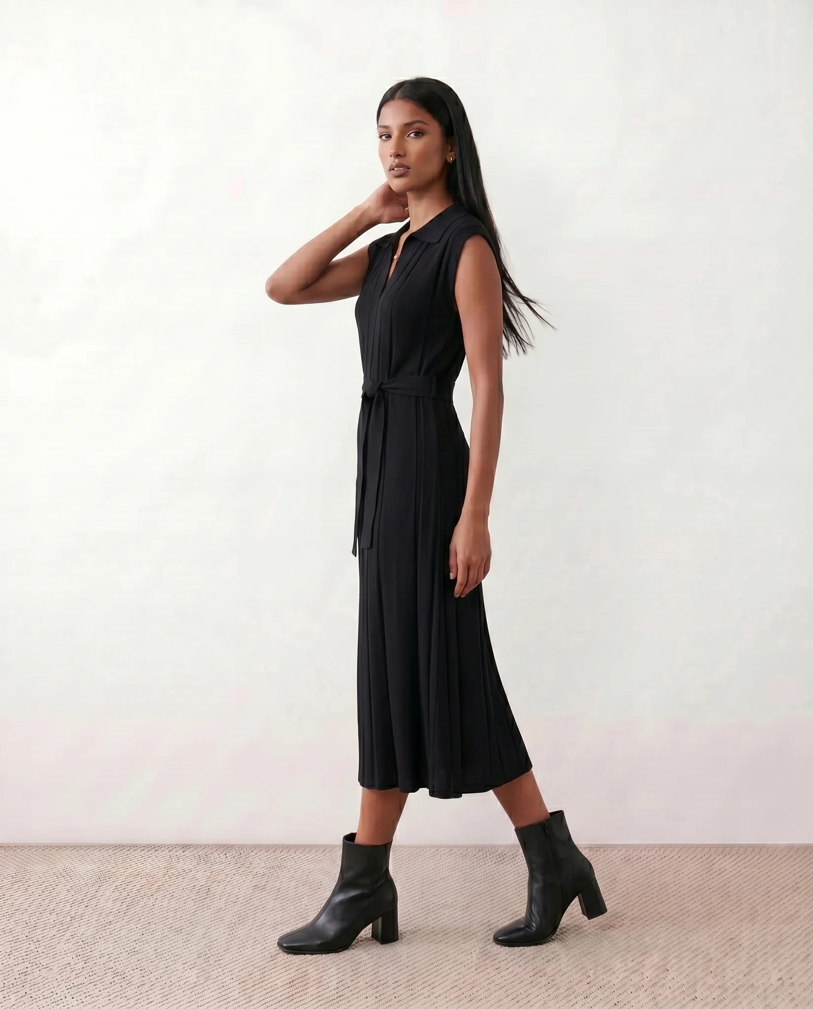 Etta Cocktail Pleated Midi Dress in Black — side view