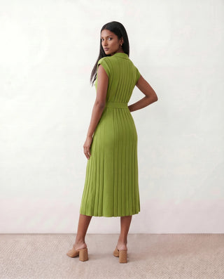 Etta Cocktail Pleated Midi Dress in Green — back view