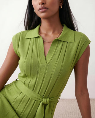 Etta Cocktail Pleated Midi Dress in Green — detail close-up
