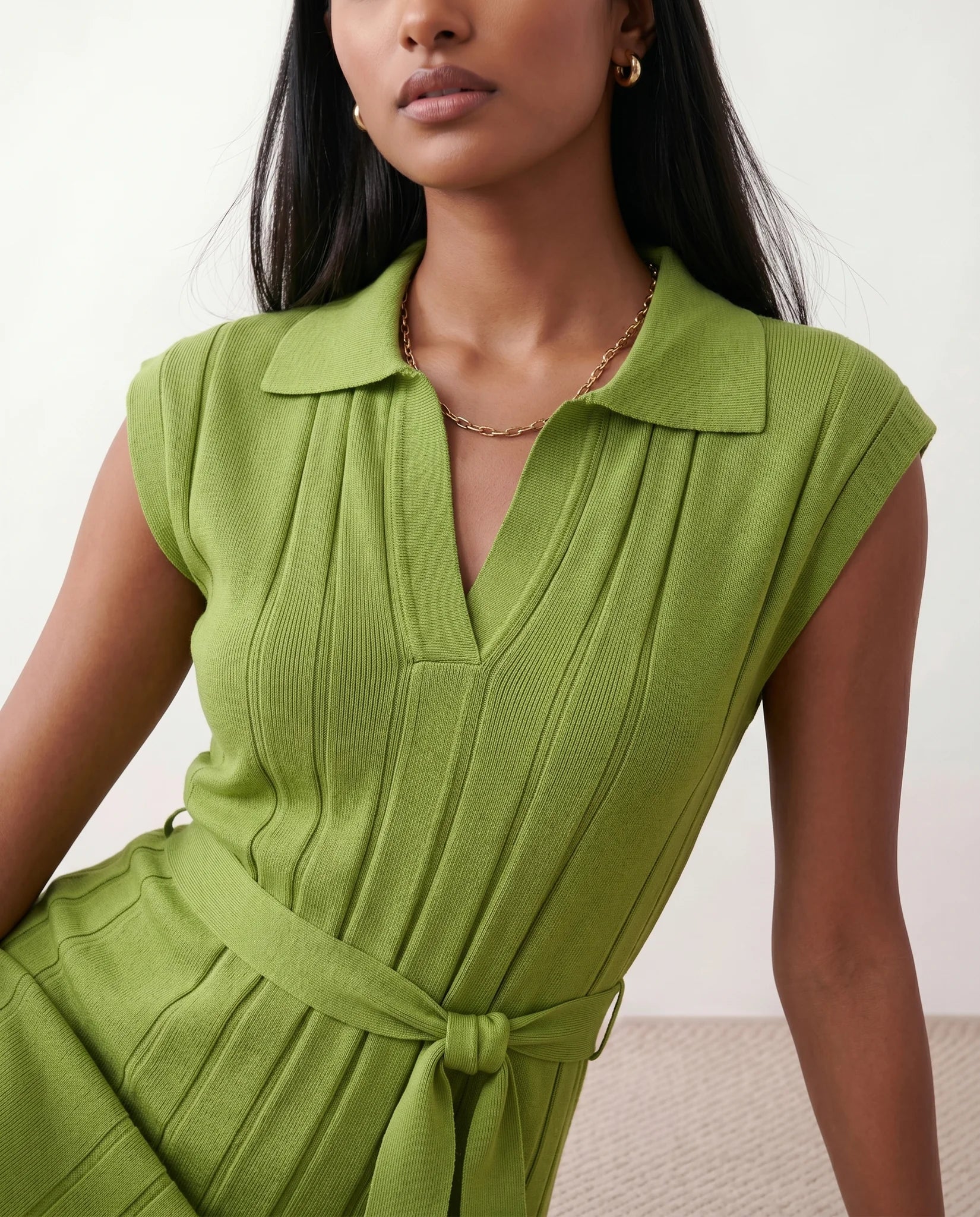Etta Cocktail Pleated Midi Dress in Green — detail close-up