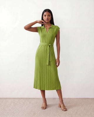 Etta Cocktail Pleated Midi Dress in Green — front view